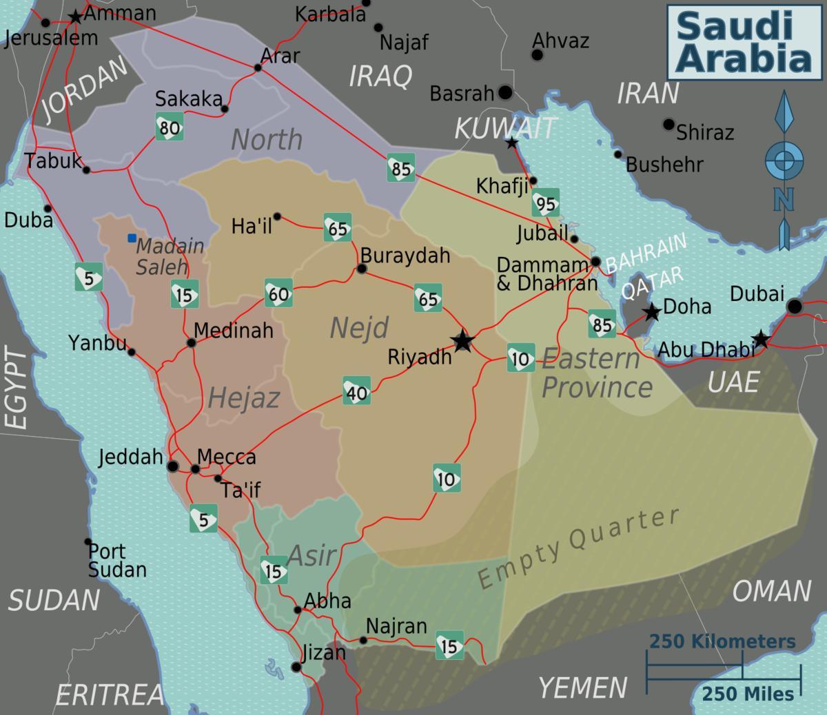 Carte de l'Arabie Saoudite avec les villes de distance