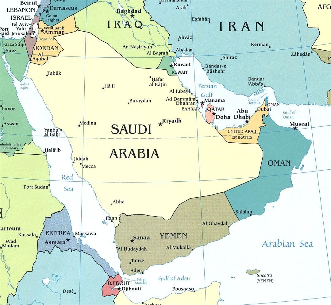 Carte de la péninsule d'Arabie Saoudite