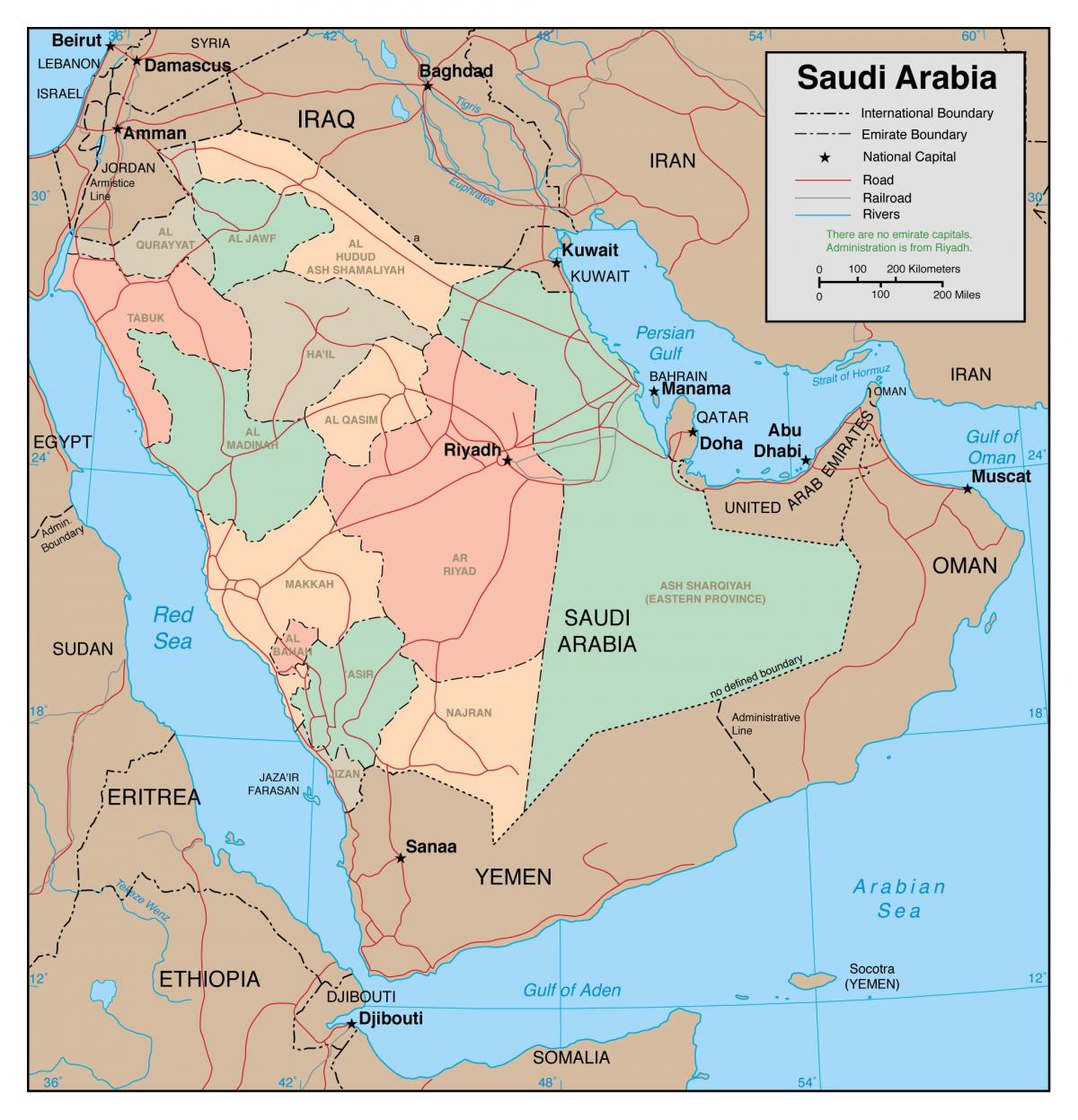 Carte de l'Arabie Saoudite avec les pays voisins