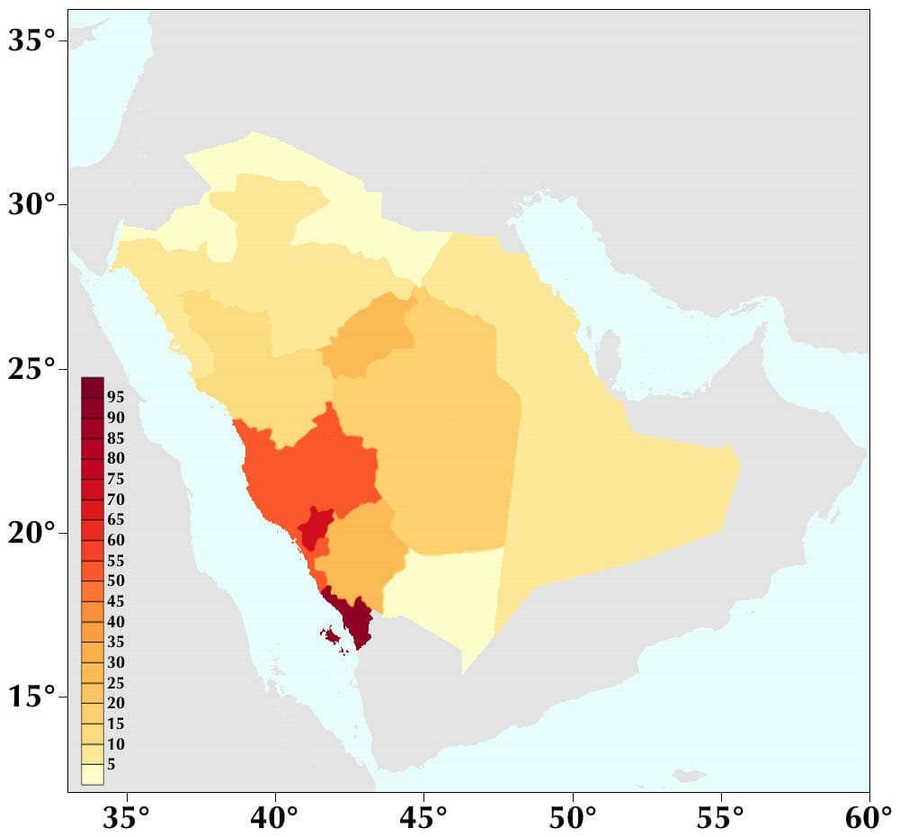 L'Arabie saoudite, la densité de la population de la carte