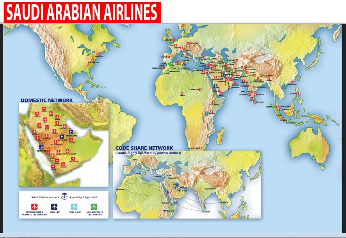Carte de la Saudi Arabian airlines itinéraire